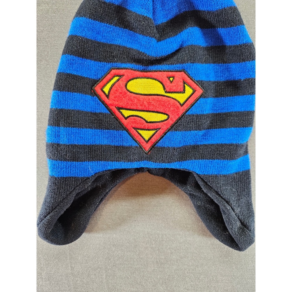 Superman DC Comics Striped Earflap Beanie Hat Blue Black Fleece Lined Berkshire